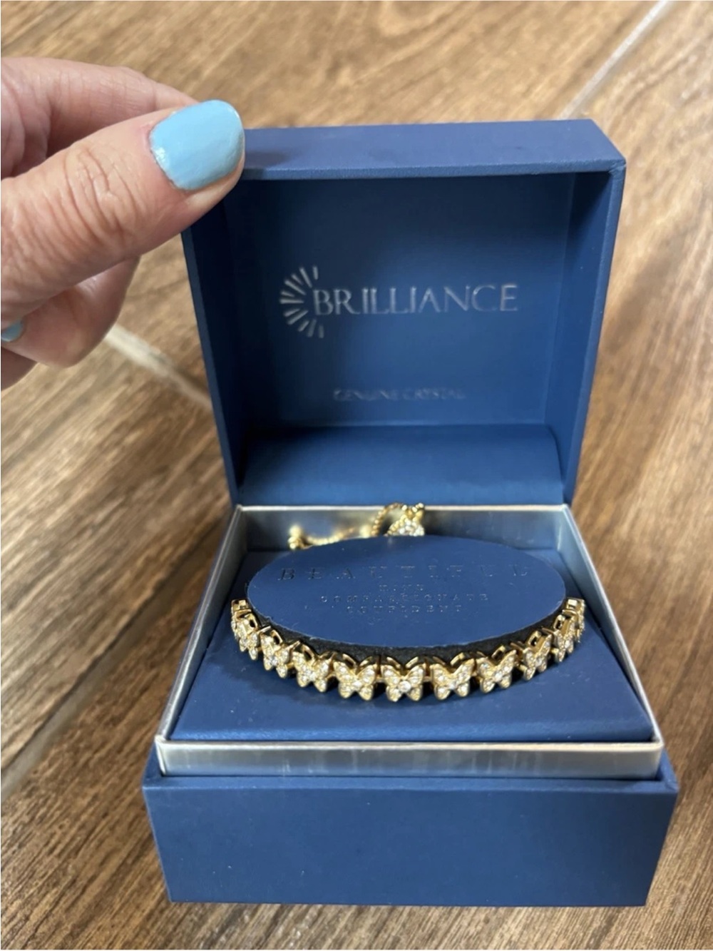 NIB Brilliance Gold Tone Butterfly Crystal Bolo Bracelet Adjustable Gift Box